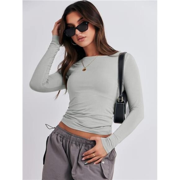 Women’s Basic Crewneck Long Sleeve Grey‎ Shirts Tight Fitted Going Out Crop Tops - Picture 2 of 6